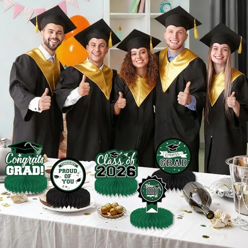 9Pcs Graduation Table Honeycomb Centerpieces, 2026 Green Black Congrats Grad Centerpieces for Tables Honeycomb for Class of 2026 Graduation Party Table Decorations