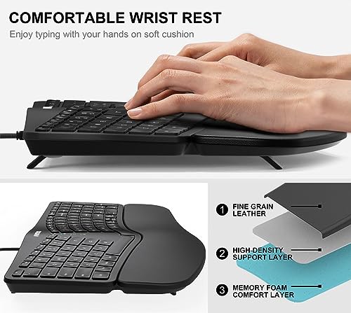 Ergonomic Usb Wired Keyboard With Cushioned Wrist & Palm Rest, Backlit 7 Colors & Adjustable Brightness Comfortable Natural Split Keyboard With 6 Feet Wire For Windows Computer Desktop Laptop