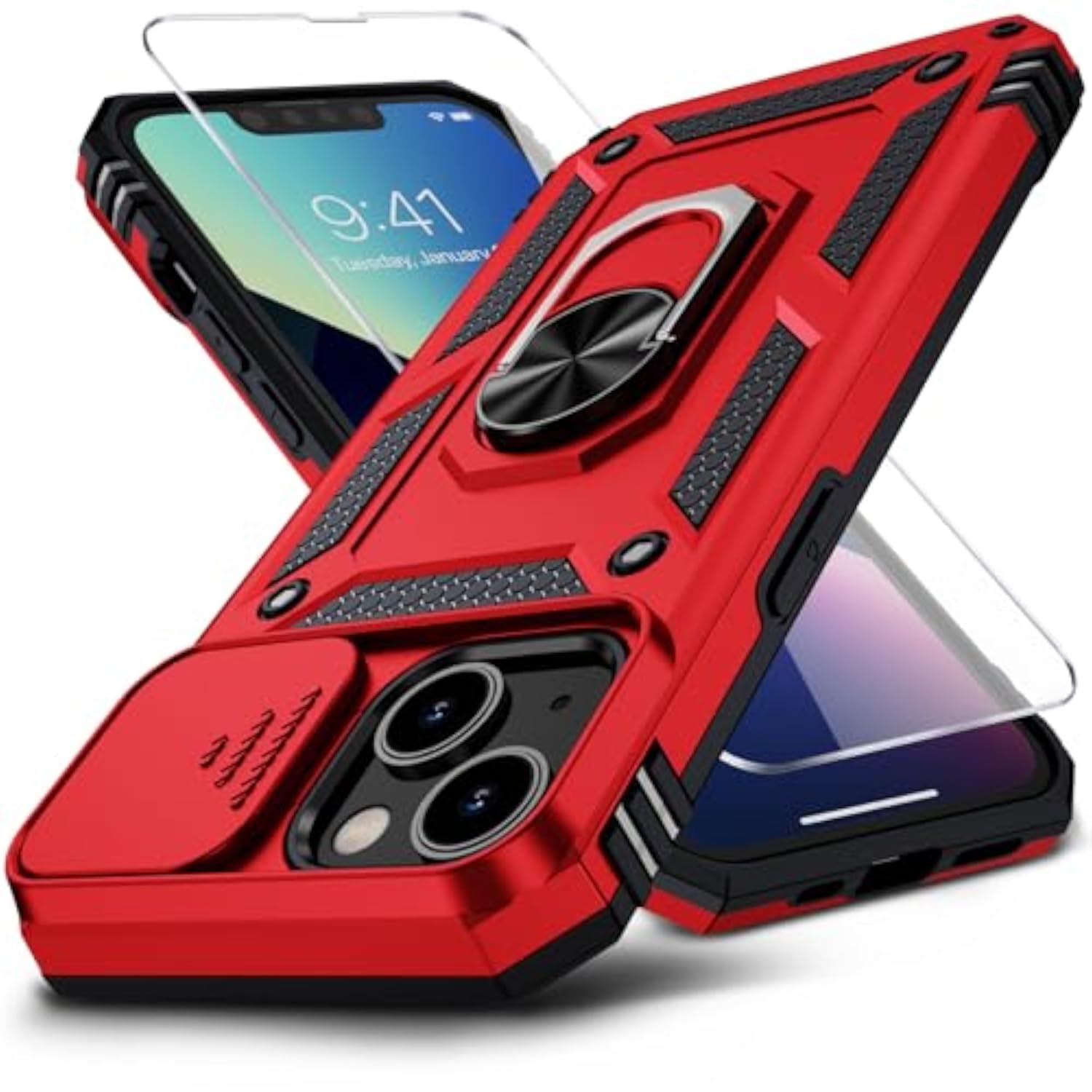 Military-Grade Rugged Heavy Duty Protective Phone Case for iPhone 13 6.1 inch Red