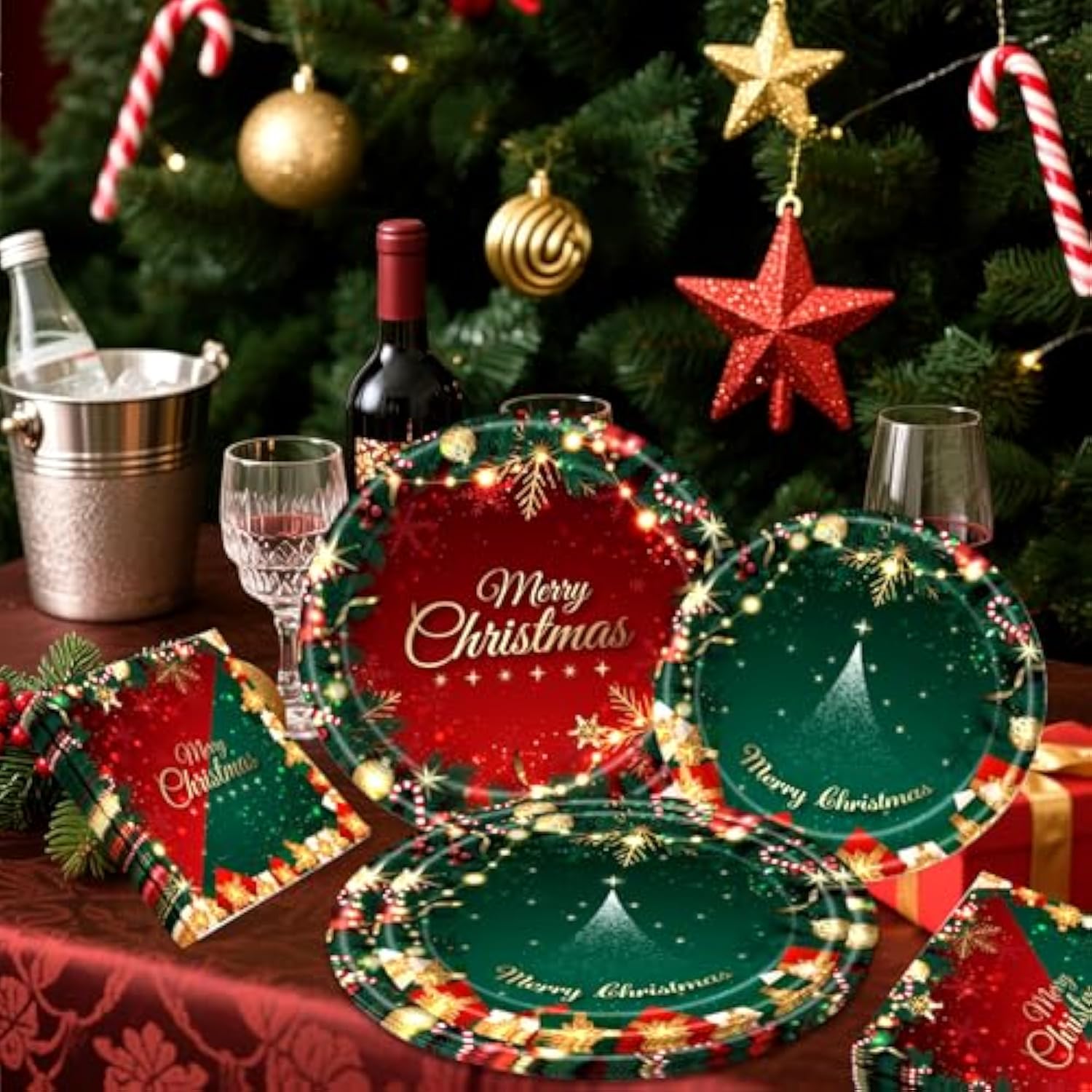 52 Pcs Christmas Party Paper Plates Napkins Merry Christmas Tableware Decorations Red Green Xmas Plates Disposable Napkins Paper Dishes Holiday Party Supplies Serve 16