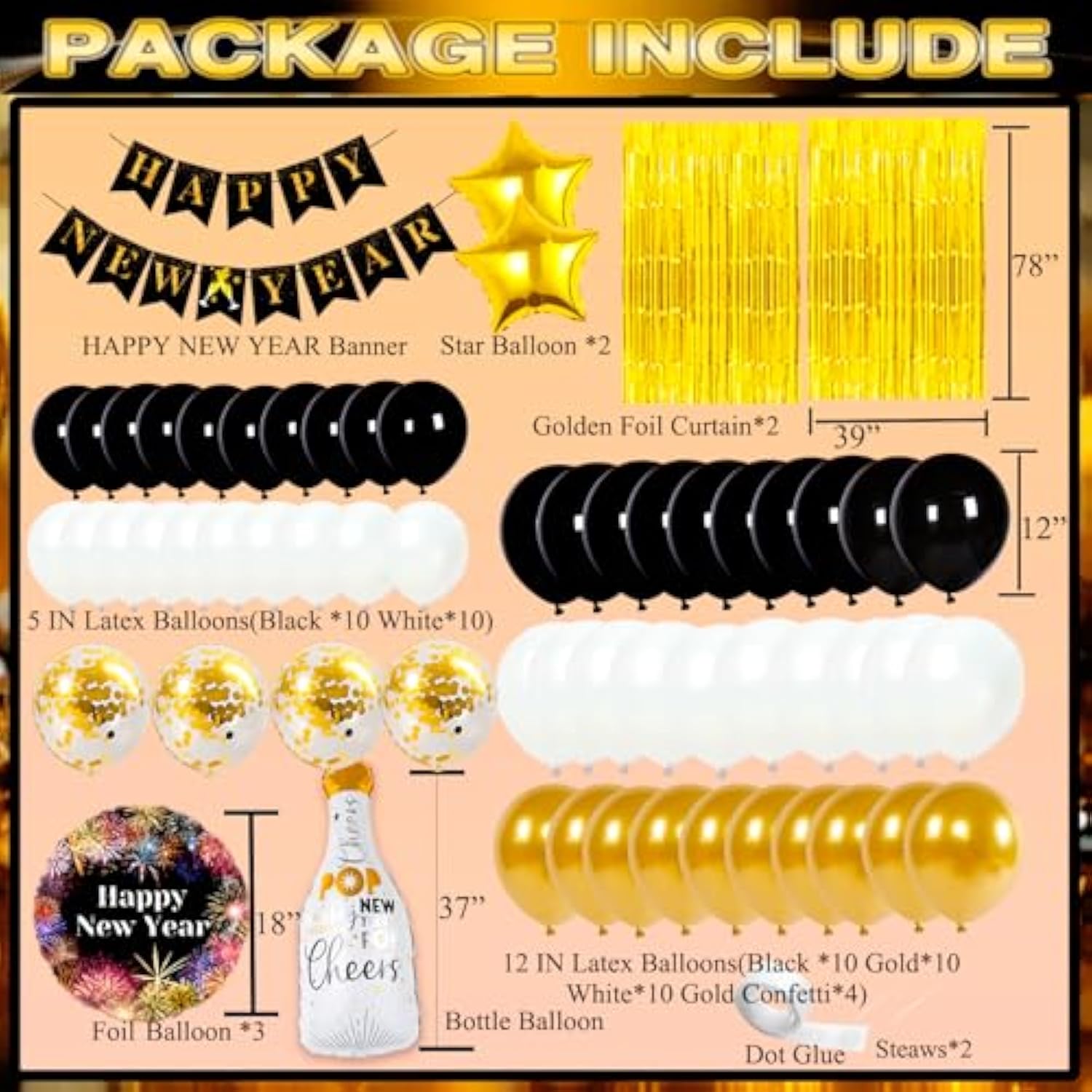 Happy New Year 2026 Party Supplies Balloons Banner Foil Fringe Curtain Kit