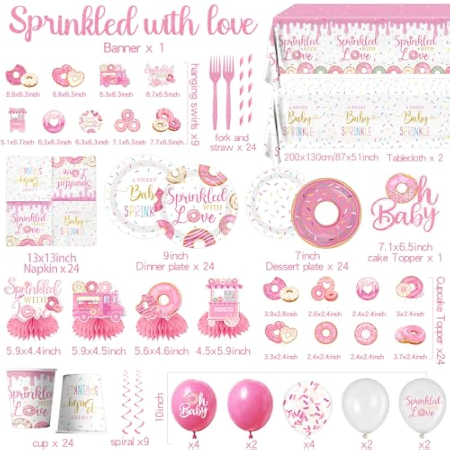 Baby Sprinkle Decorations For Girl, Sprinkled With Love Baby Shower Supplies Donut Plates Napkins Cups Tablecloth Banner Cake Topper, Honeycomb Centerpieces For Pink Donut Baby Shower Decorations