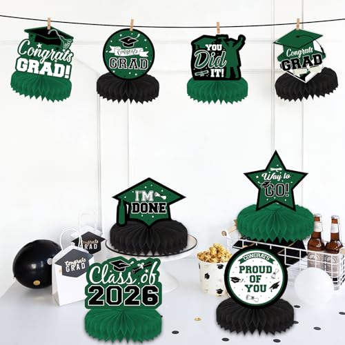 9Pcs Graduation Table Honeycomb Centerpieces, 2026 Green Black Congrats Grad Centerpieces for Tables Honeycomb for Class of 2026 Graduation Party Table Decorations