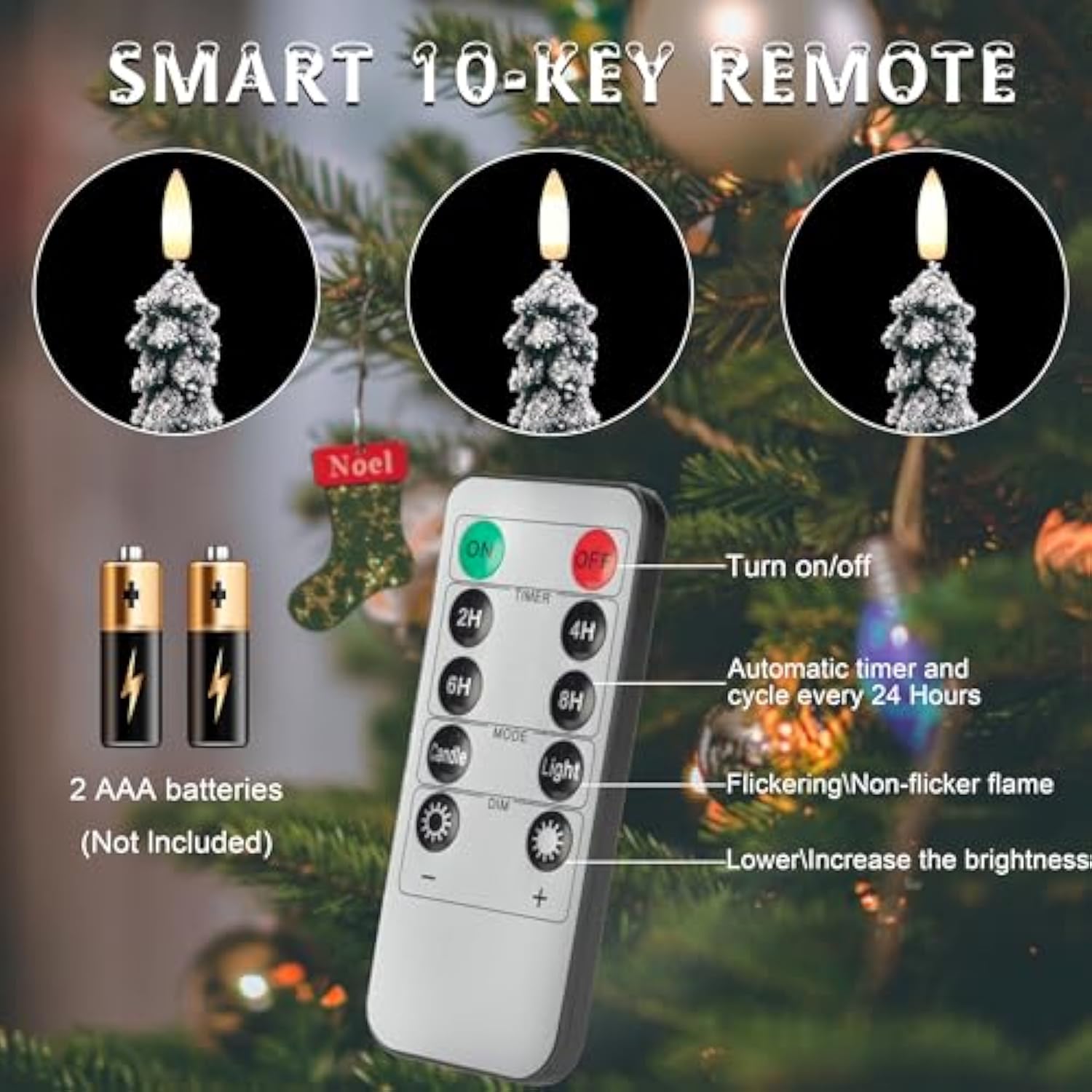 Christmas Tree Candles With 3D Wick, 11.4" Green Real Wax Flameless Taper With Remote, Flickering Led Xmas Candlesticks Battery Operated For Home, Party Decor, 2 Pack