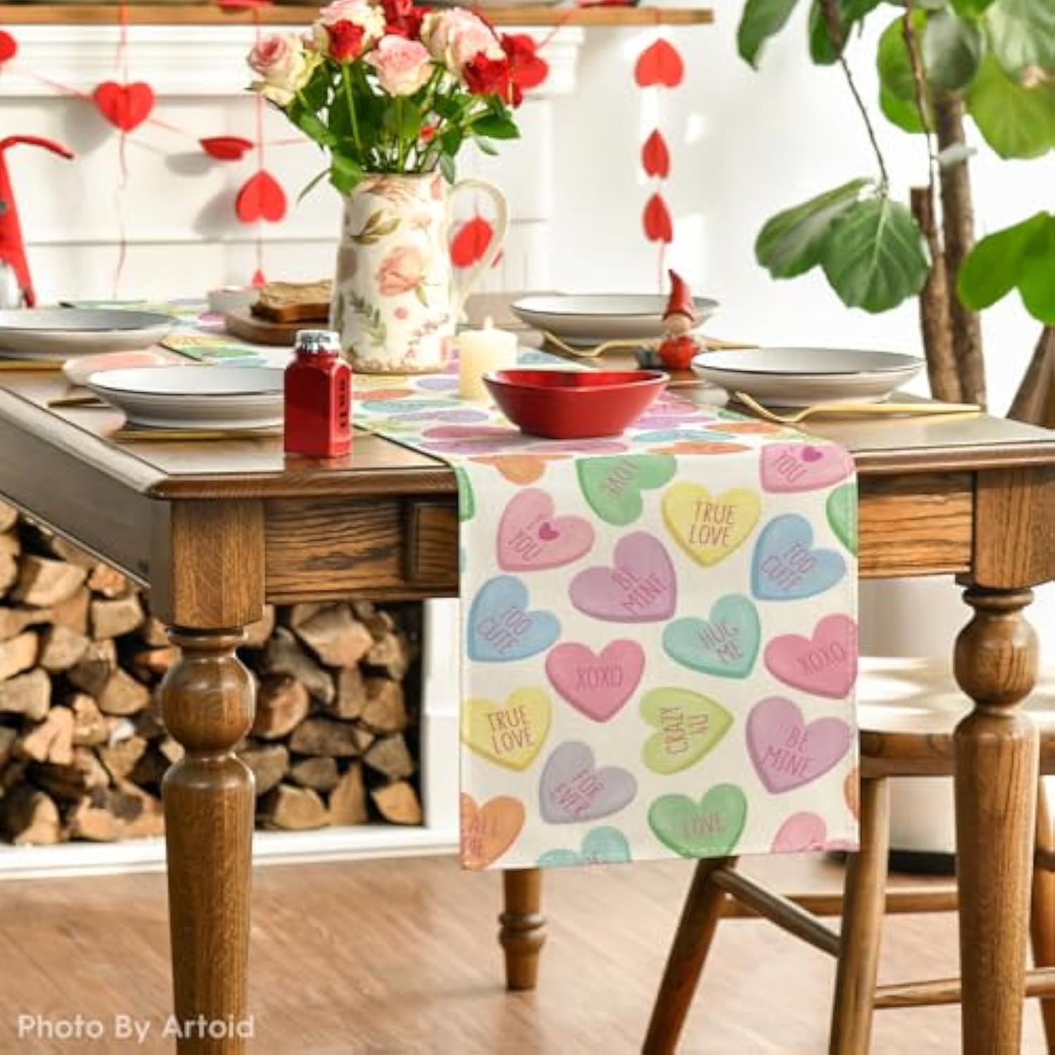 Ture Love Heart Valentine'S Day Table Runner, Seasonal Kitchen Dining Table Decoration For Home Party Decor 13X72 Inch