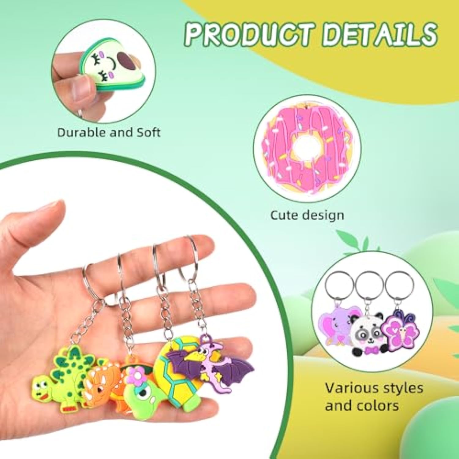 65 Pcs Cute Keychain For Kids Party Favors With Video Game Animal Mermaid Dinosaur Ball Donut Fruit Gift School Prize Goodie Bag Stuffers Birthday Party Supplies