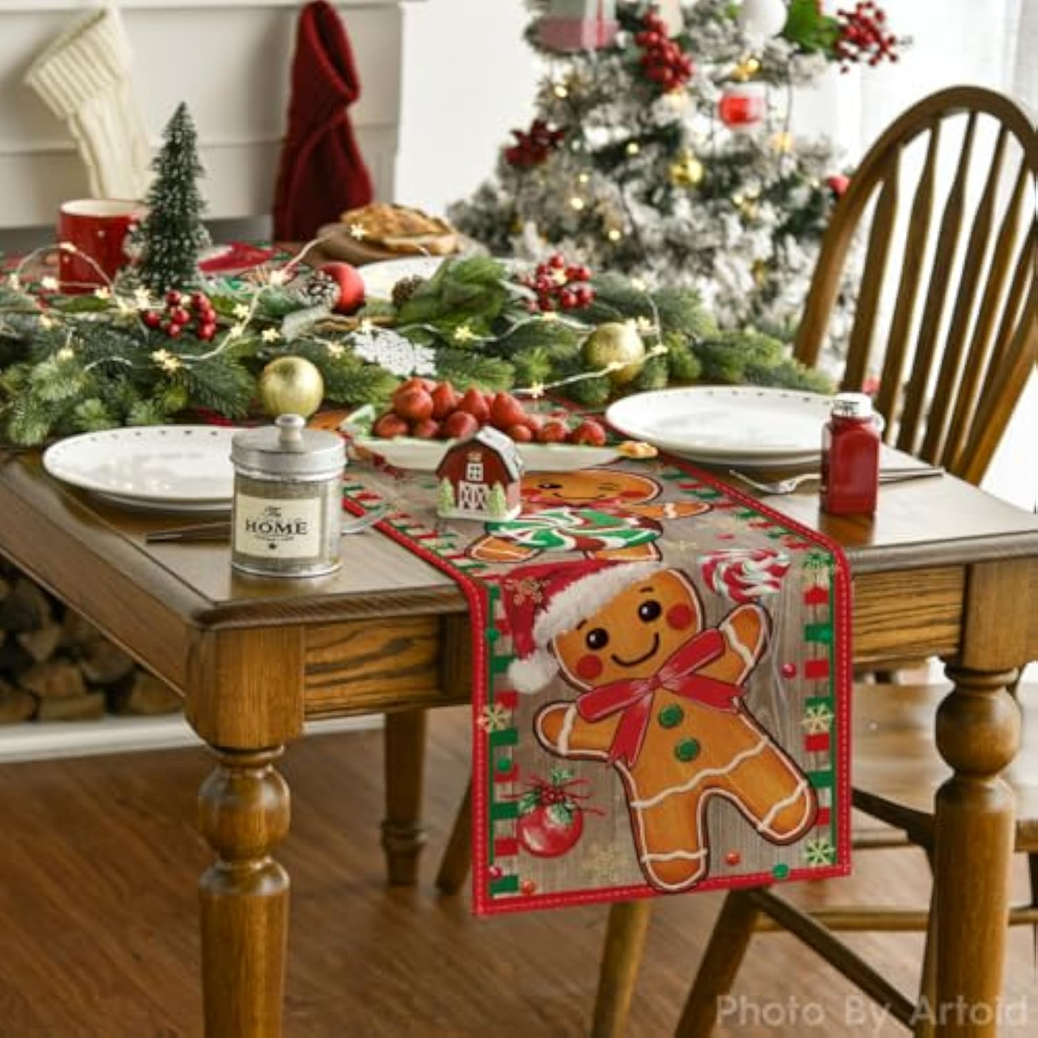 Wood Gingerbread Candy Cane Christmas Table Runner, Seasonal Winter Kitchen Dining Table Decoration For Home Party Decor 13X90 Inch