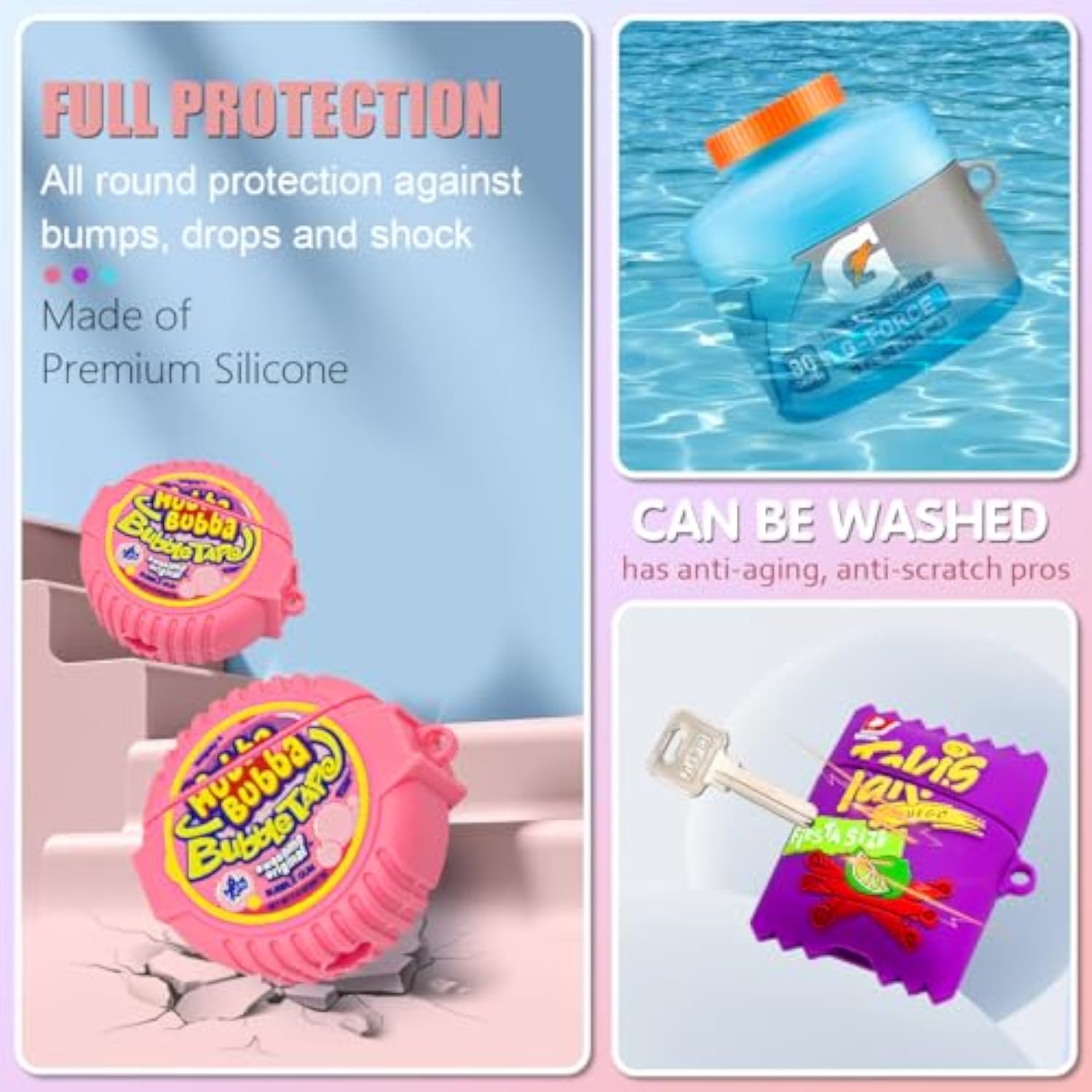 Cute Case For Airpods 3 Case 3-Pack, 3D Cartoon Kawaii Silicone Case For Airpods 3Rd Generation Case Funny Food Design With Cleaner Kit/Keychain/Lanyard (Sport Water+Purple Potato+Bubble Gum)