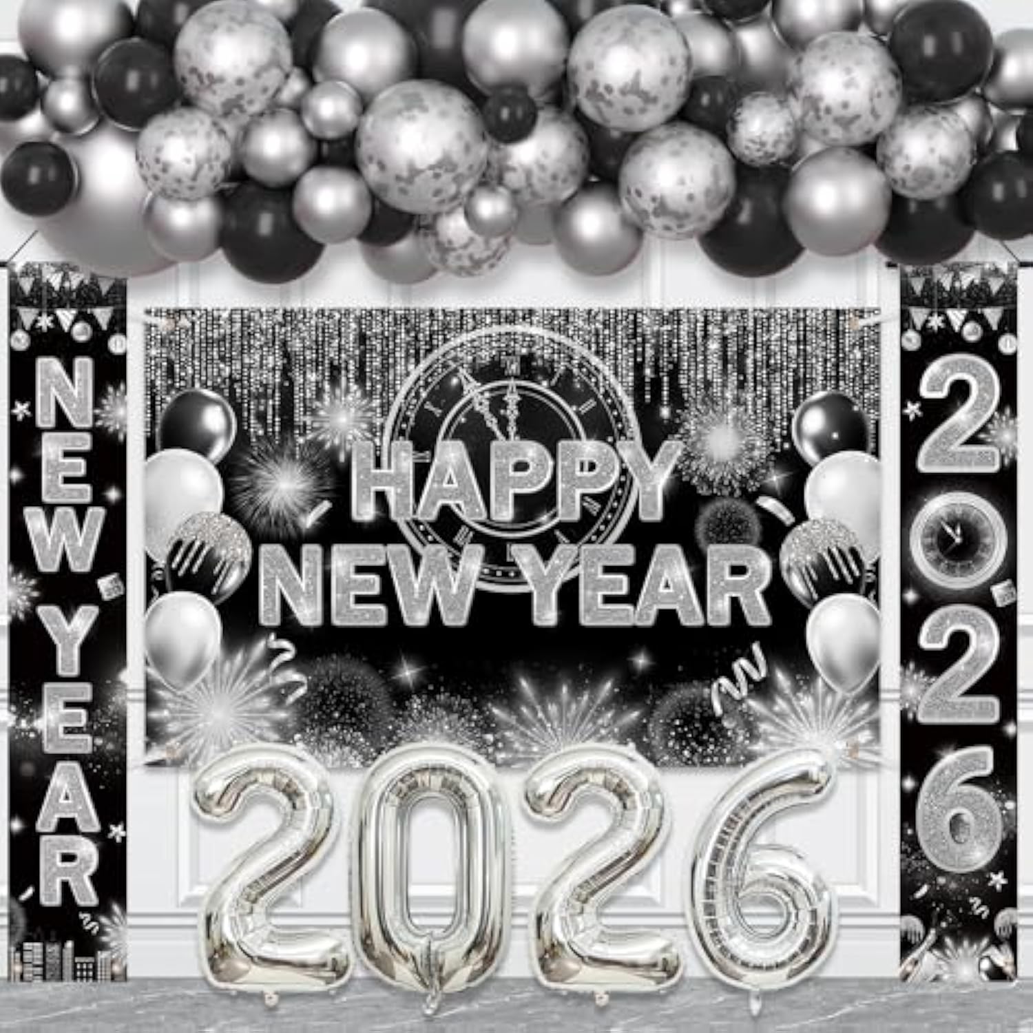 75pcs Black Silver New Year 2026 Decorations Banner Balloon Arch Kit