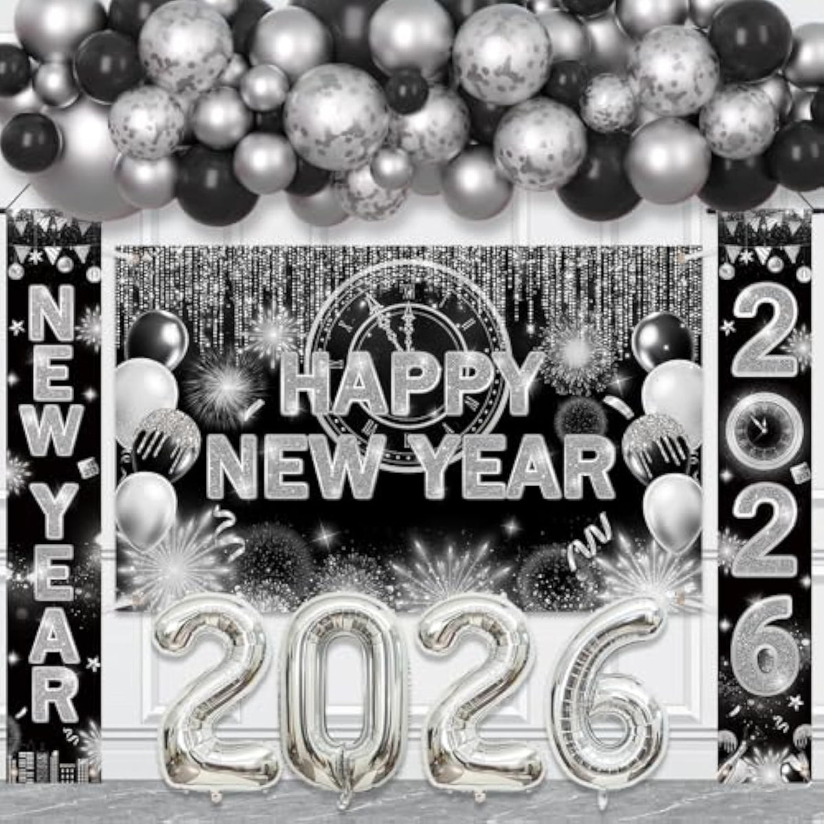 75pcs Black Silver New Year 2026 Decorations Banner Balloon Arch Kit