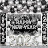 75pcs Black Silver New Year 2026 Decorations Banner Balloon Arch Kit