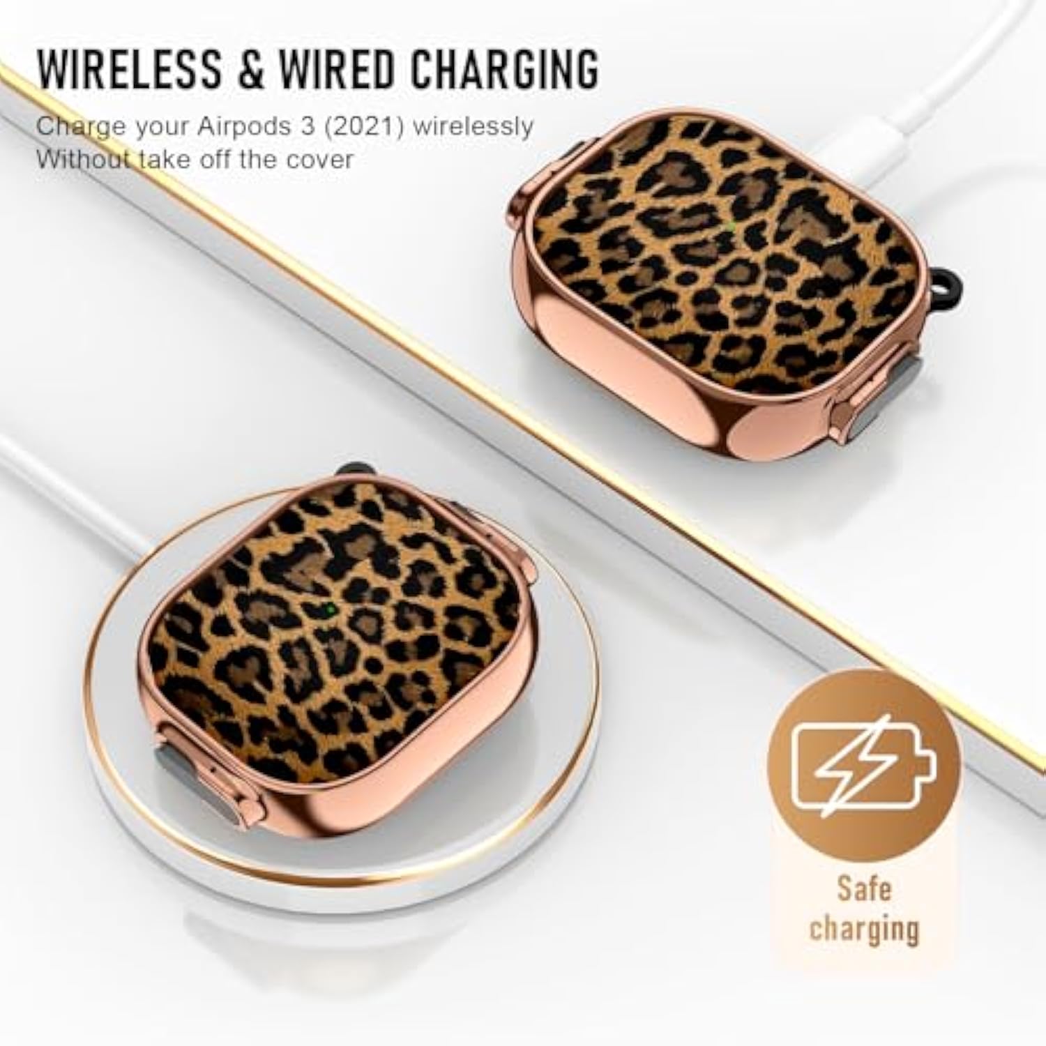For Cute Airpods 3 Case (2021) With Safety Lock,Compatible Leopard Print Airpod 3Rd Generation Case For Women Girly With Keychain-Gold