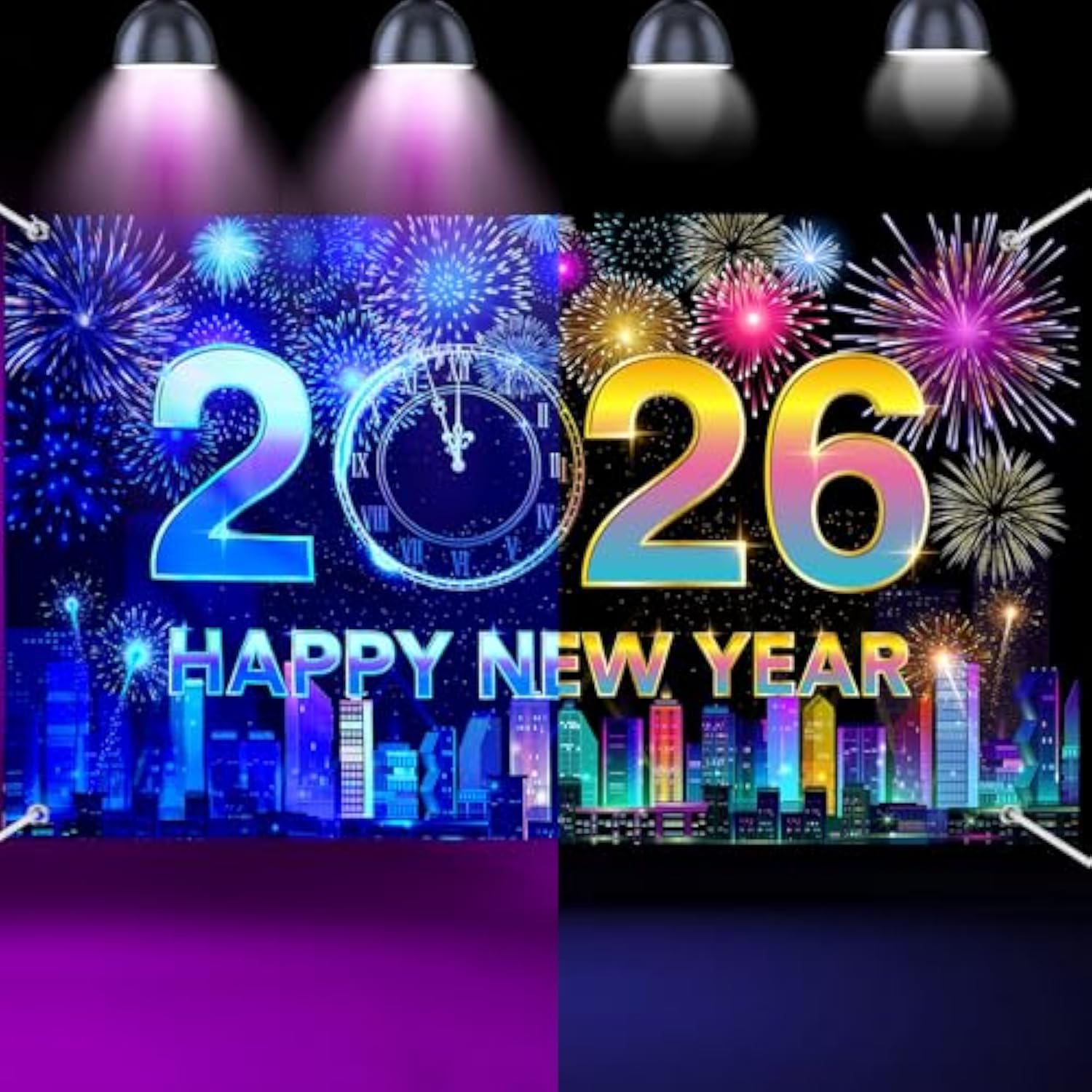 Neon Happy New Year 2026 Banner 71x43in for Indoor & Outdoor Party Decor