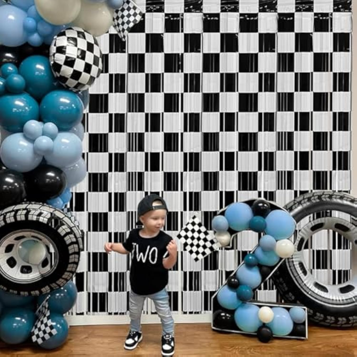 Race Car Birthday Party Streamers Backdrops Decorations, 2 Pcs Checkered Black White Foil Fringe Curtain Photo Booth Props For Racing Cars One Happy Dude Party Decor Supplies