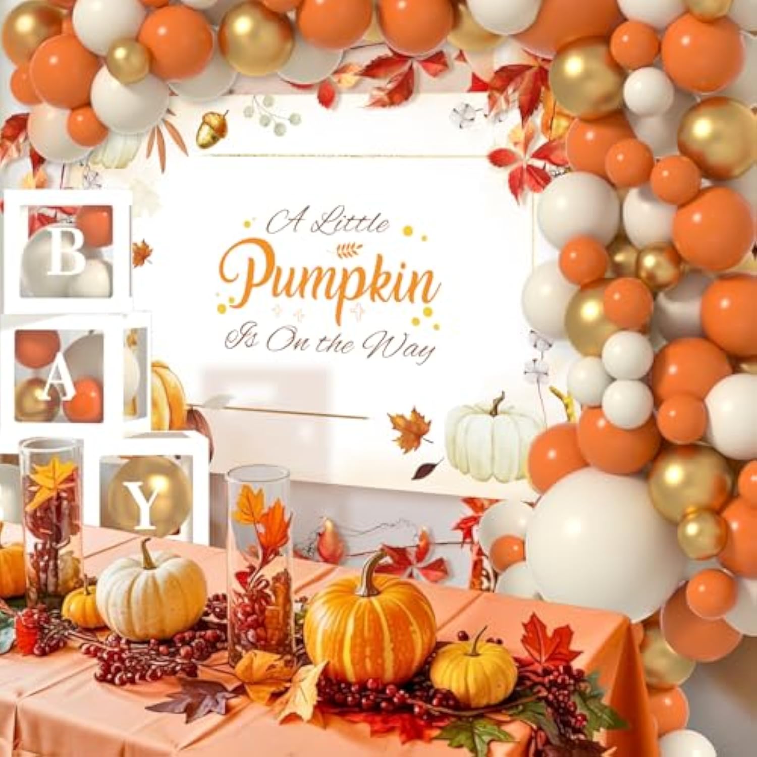 Autumn Baby Shower Balloon Decor Set: Pumpkin Theme, Backdrop & Baby Boxes