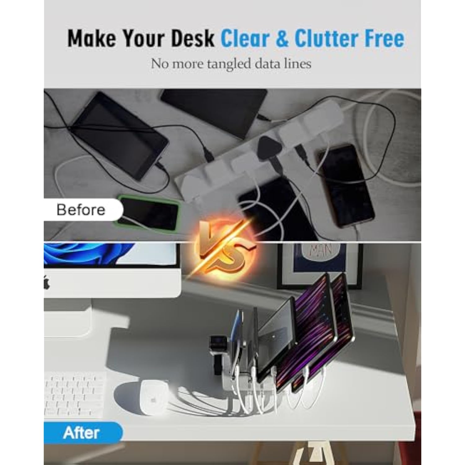 Charging Station Multiple Charger Station - 2025 New 6-Port Usb Fast Charging Dock 50W Organizer Station With Watch Charger For Iphone|Android Cell Phone|Ipad|Kindle|Watch|Tablet