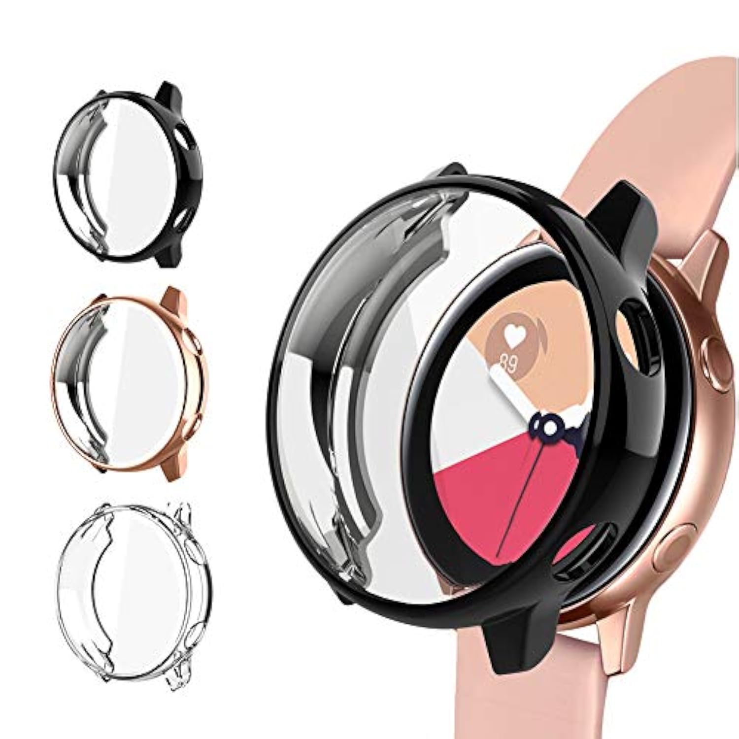 3 Pack Case Compatible With Samsung Galaxy Watch Active Screen Protector 40Mm, Tpu Slim Plated Scractch-Resist Case All Around Protective Bumper Shell Cover, Black/Clear/Gold