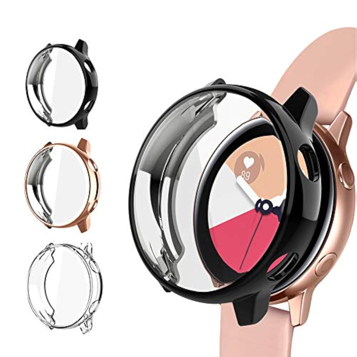 3 Pack Case Compatible With Samsung Galaxy Watch Active Screen Protector 40Mm, Tpu Slim Plated Scractch-Resist Case All Around Protective Bumper Shell Cover, Black/Clear/Gold