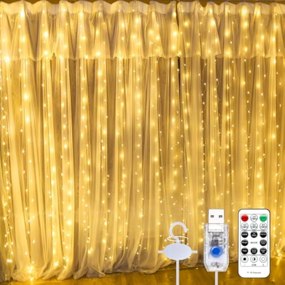 Warm white LED curtain lights 300-LED 9.8x9.8ft with remote for parties and home