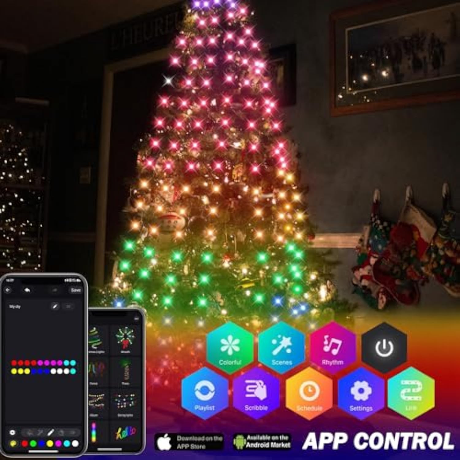Christmas Tree Lights, Christmas Lights Indoor Outdoor 200 Led 6.6Ft X 10 String Lights With Diy Scenarios 24 Modes Remo