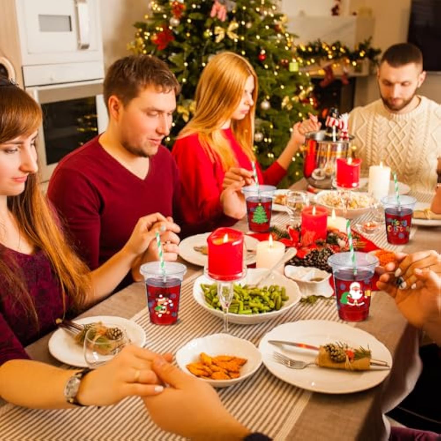 50 Sets Christmas Disposable Plastic Cups With Lids And Paper Straws 16 Oz Merry Christmas Clear Cold Beverage Drinking Cups For Xmas Holiday Party Supplies