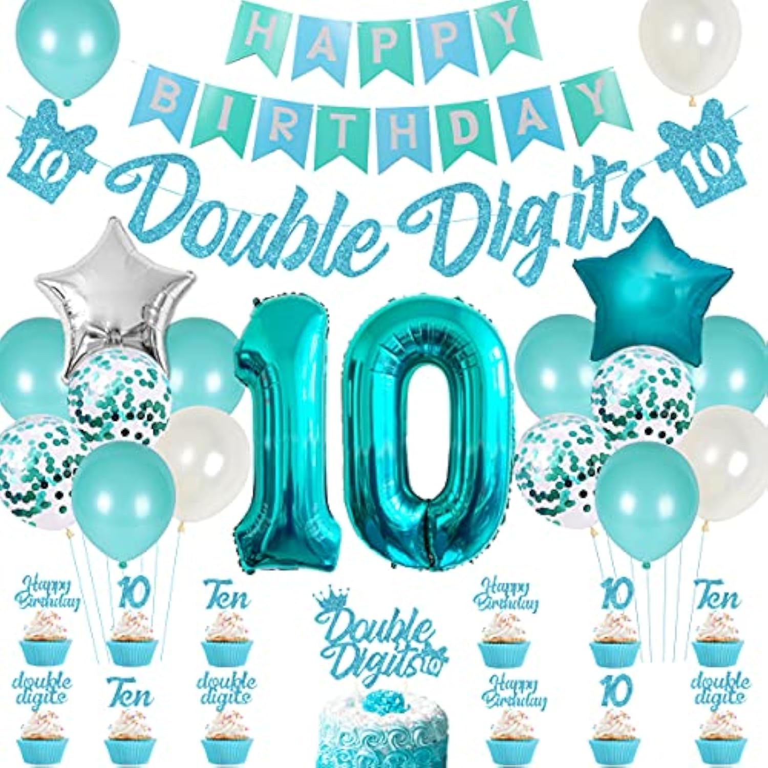 10Th Birthday Decorations For Girls Teal, Double Digits Party Supplies Turquoise Banner Cake & Cupcake Toppers Number 10 Helium Balloon Star Foil Balloon For 10 Year Old Girl Party Decorations