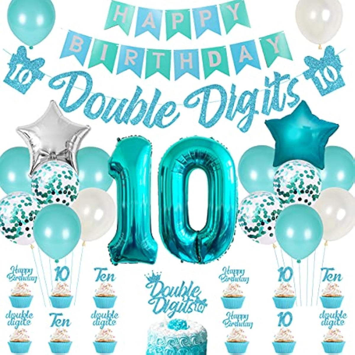 10Th Birthday Decorations For Girls Teal, Double Digits Party Supplies Turquoise Banner Cake & Cupcake Toppers Number 10 Helium Balloon Star Foil Balloon For 10 Year Old Girl Party Decorations