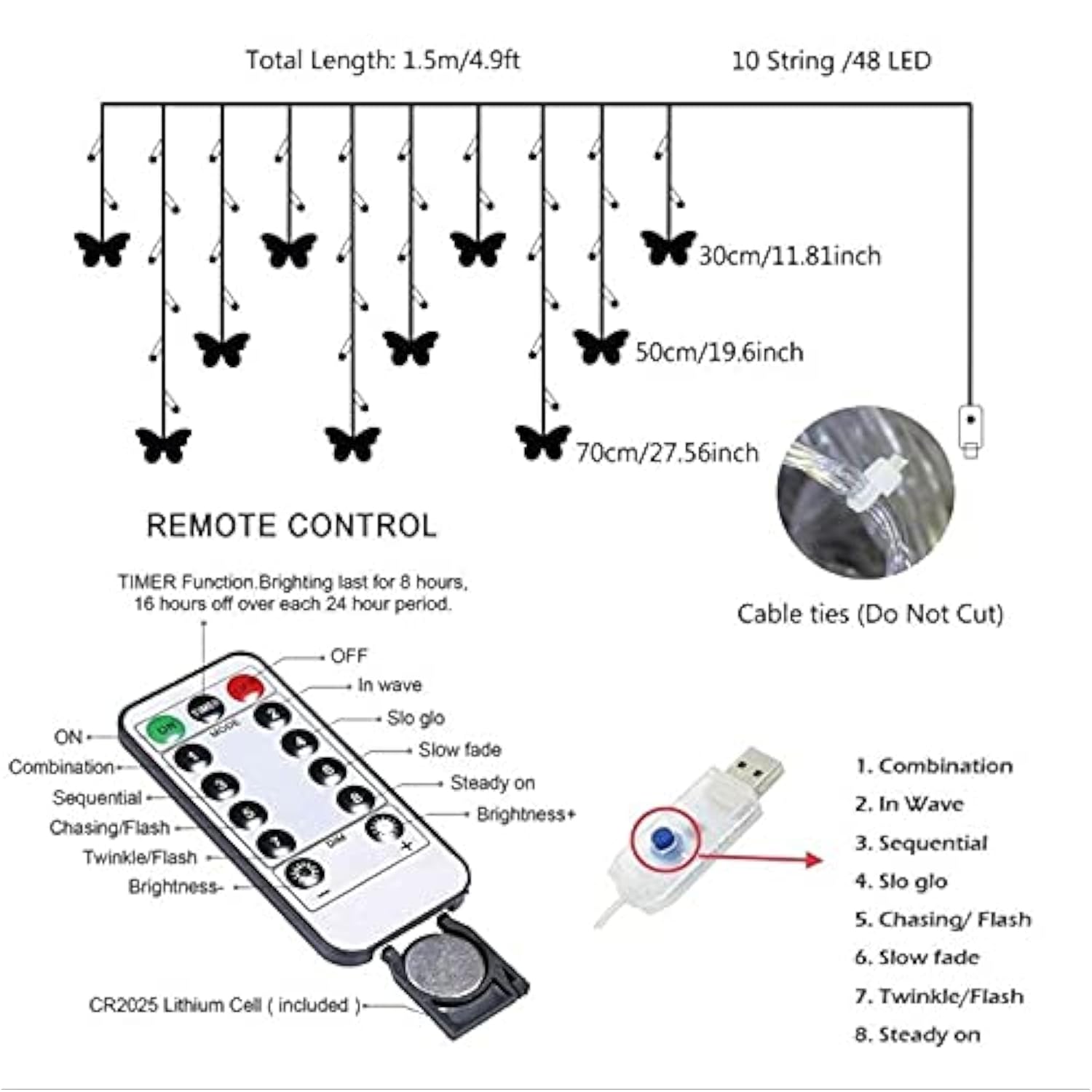 Butterfly Curtain Lights, 8 Modes 48Led Twinkle String Light With Remote 4.9Ft Usb Powered Window Fairy Light, Decorativ