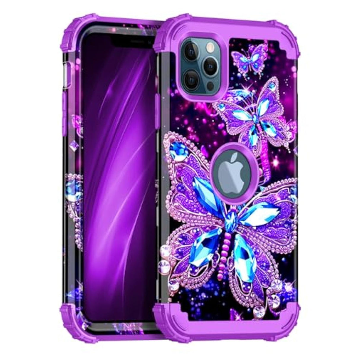 For Iphone 12 Pro Max Case,Glow In The Dark Three Layer Heavy Duty Shockproof Protection Hard Plastic Bumper+Soft Silicone Protective Case For Apple Iphone 12 Pro Max,Dark Butterfly