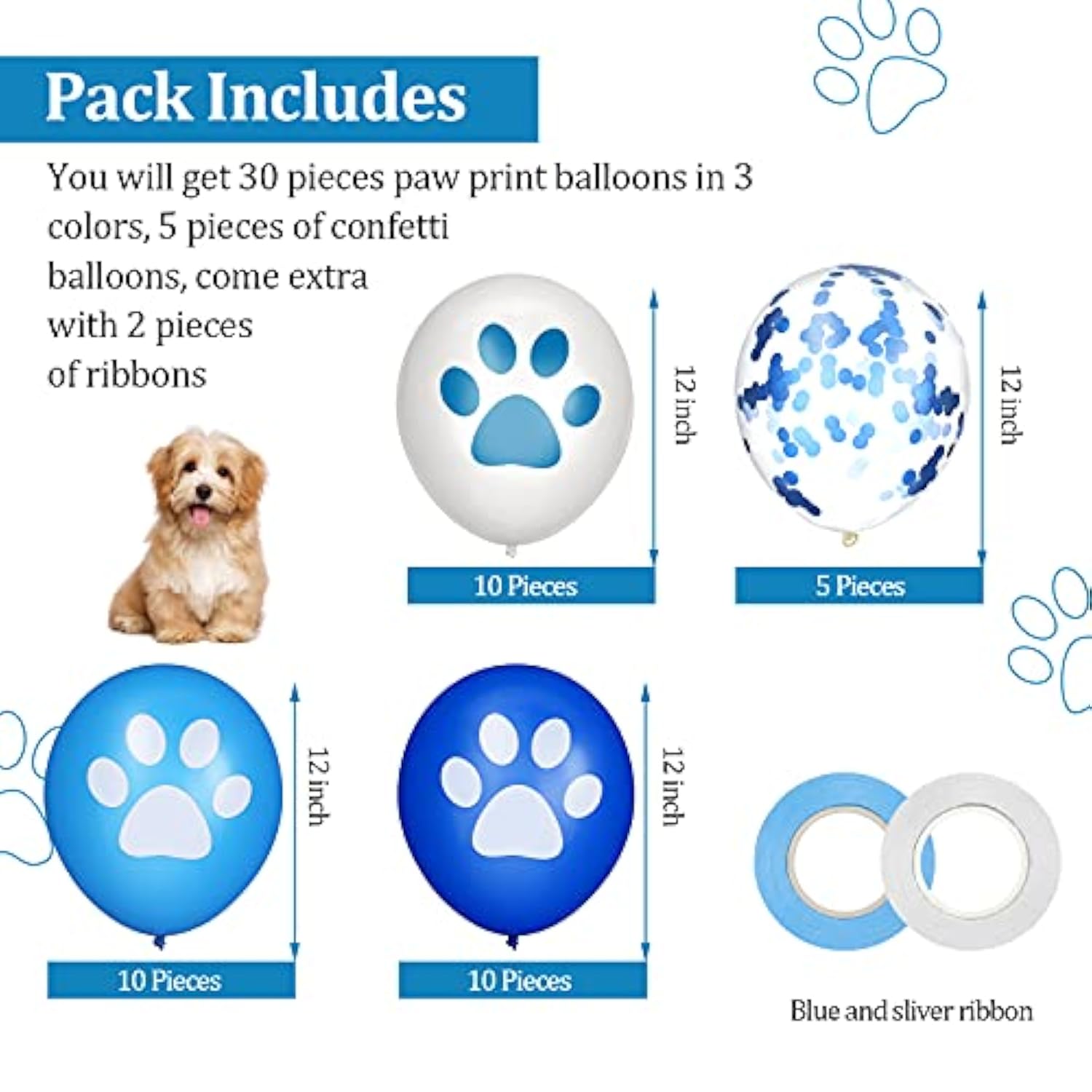 36 Pcs Paw Print Balloons 12 Inch Blue And White Balloons Dog Paw Latex Balloons Blue Confetti Balloons With Ribbons For Puppy Birthday Baby Shower Celebration Graduation Party Decoration