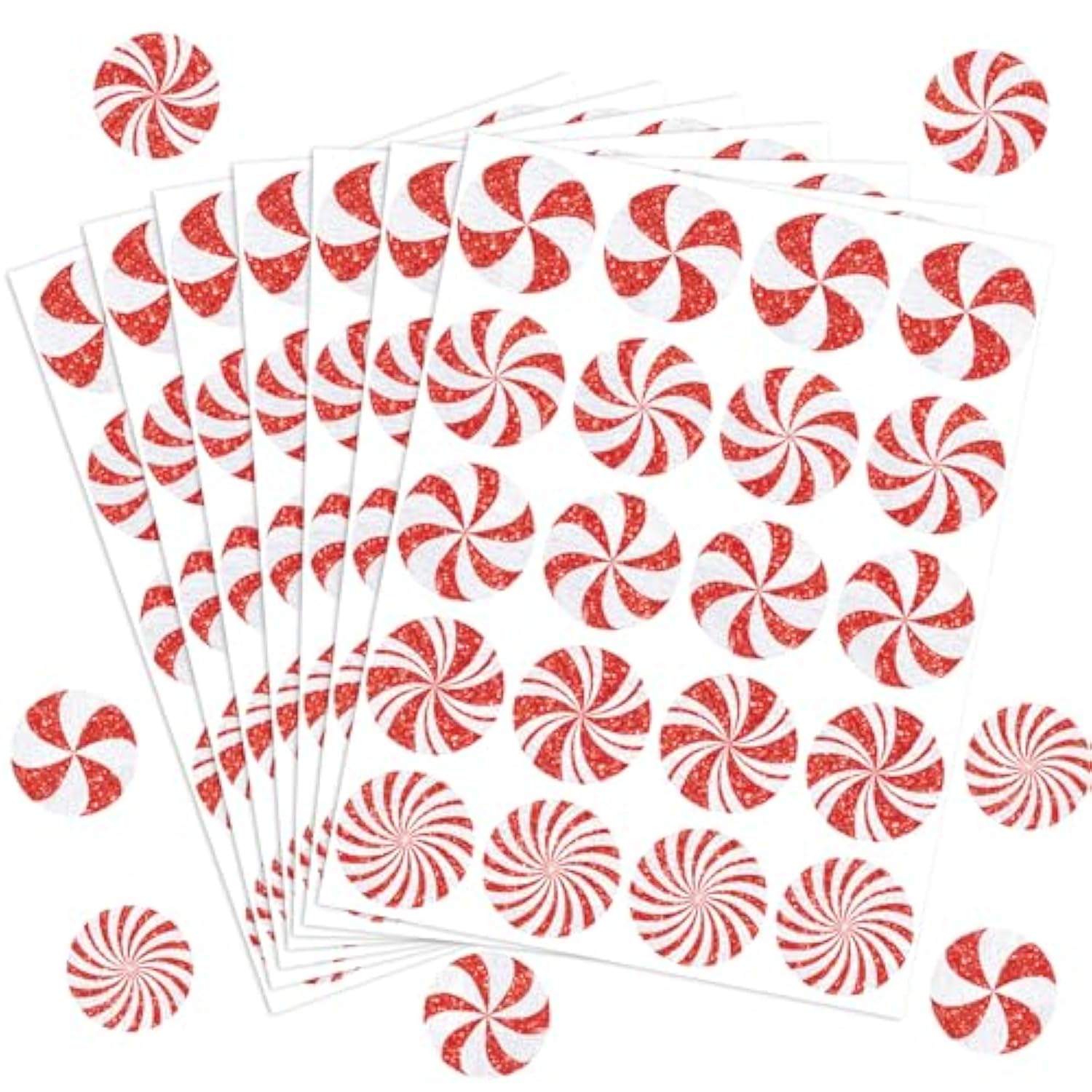 500Pcs Christmas Stickers Glitter Peppermint Candy Envelope Seal Decals Red White Self-Adhesive Xmas Paper Labels For Winter Holiday Invitation Greeting Card Scrapbook, 1.5 In