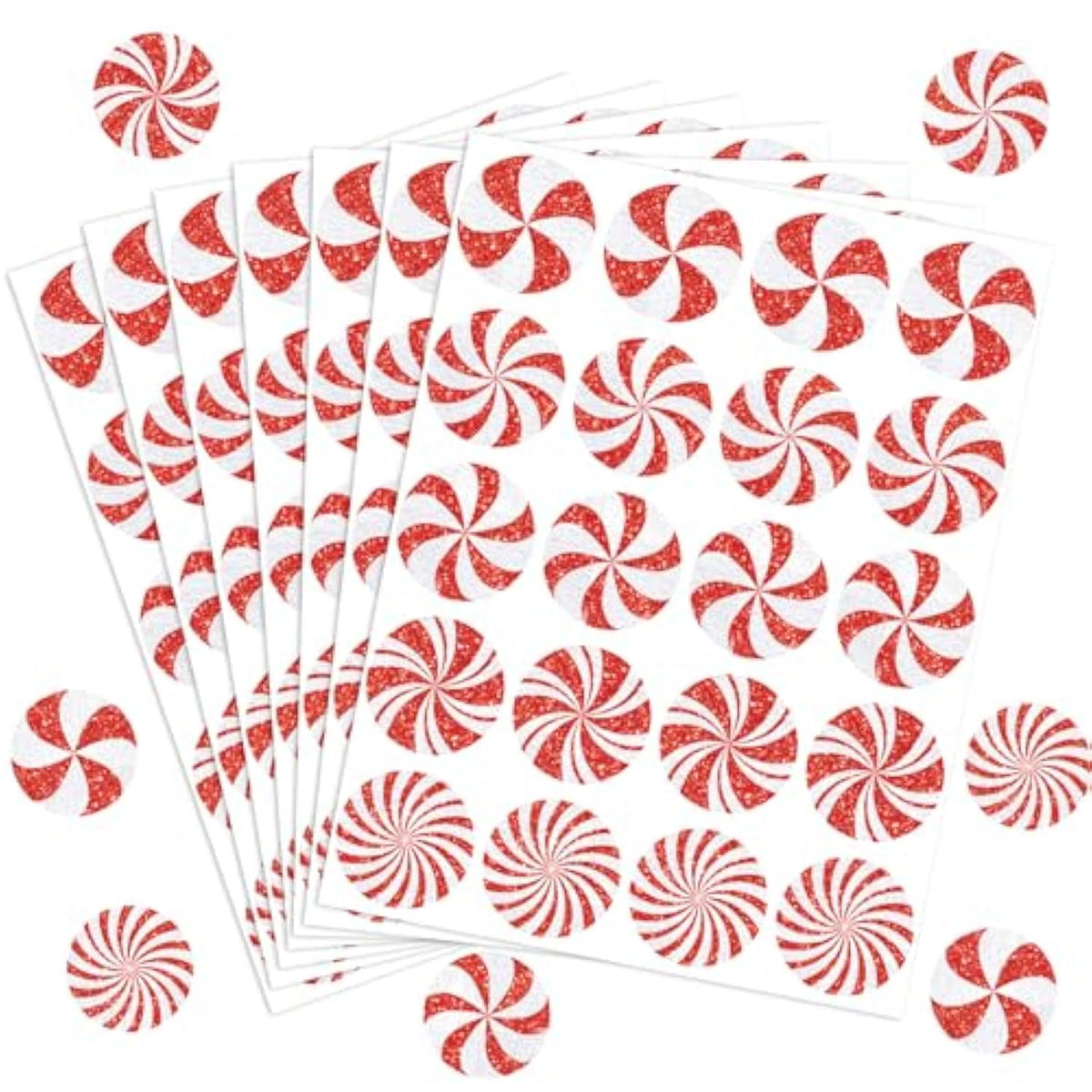 500Pcs Christmas Stickers Glitter Peppermint Candy Envelope Seal Decals Red White Self-Adhesive Xmas Paper Labels For Winter Holiday Invitation Greeting Card Scrapbook, 1.5 In