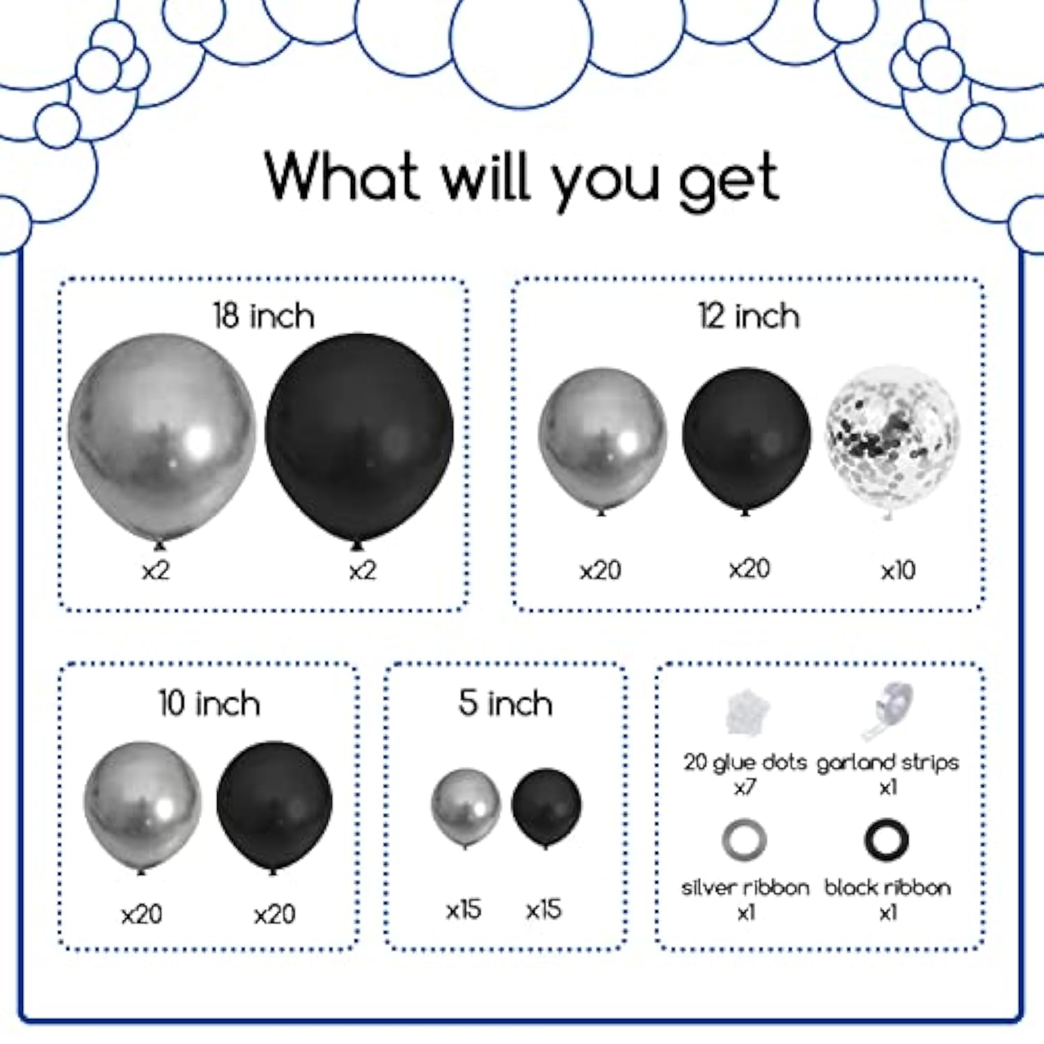 124pc Black & Silver Balloon Garland Kit – Metallic and Confetti Balloons for Party Decor