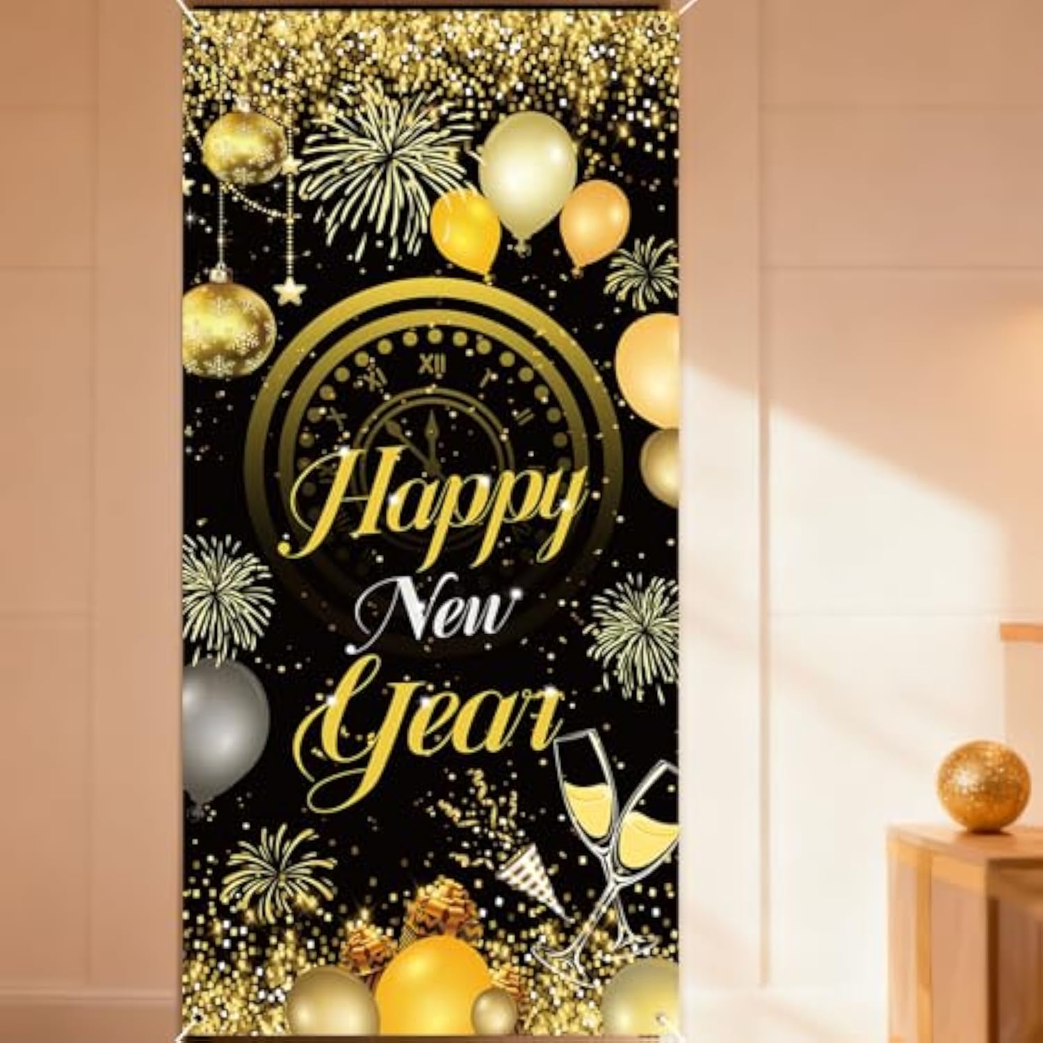 Happy New Year Door Cover 72x35 Inch Black Gold Balloon Firework Banner