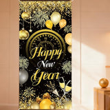 Happy New Year Door Cover 72x35 Inch Black Gold Balloon Firework Banner