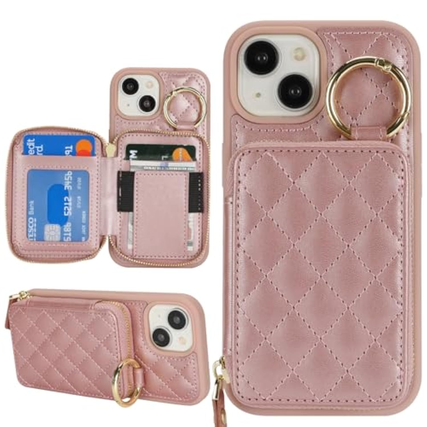 For Iphone 15 Case Wallet With Card Holder,For Iphone 15 Phone Case Wallet With Zipper With Slot Kickstand Stand Case For Women And Man 5G 6.1 Inch-Rose Gold