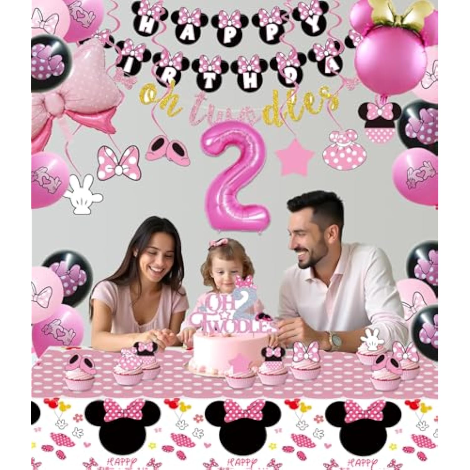 Pink Mouse 2Nd Birthday Party Supplies, Oh Twodles Girl Second Party Decorations Includes Happy Birthday Banner, Hanging Swirls, Tablecloth, Cake Cupcake Toppers, Bow Foil Balloon, Latex Balloons