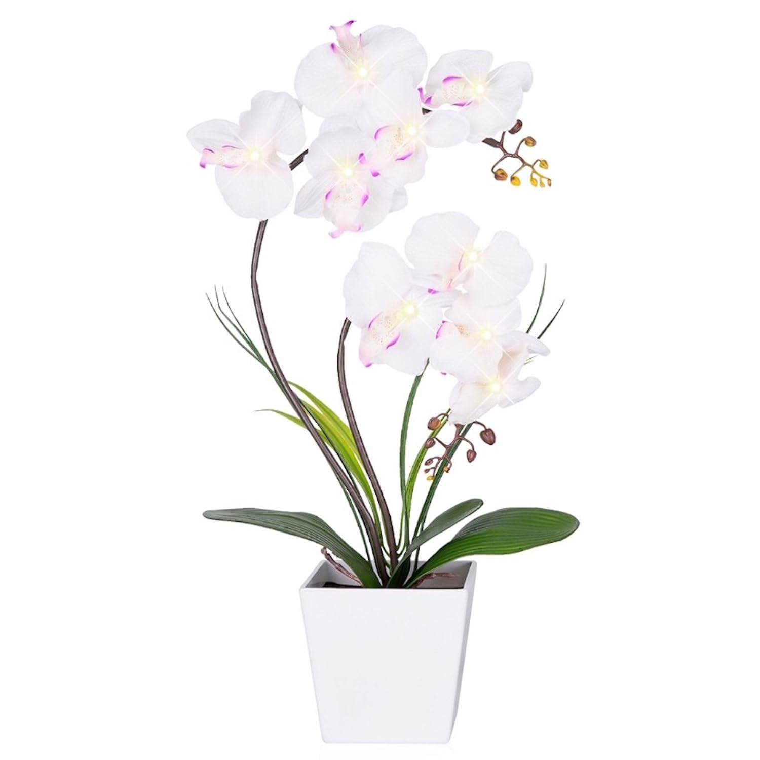 Orchid Lamp-Led Lighted Orchid Arrangements,Pre Lit Artificial Orchid,Light Up Flower Lights, Faux Orchid Phalaenopsis Arrangement (White)