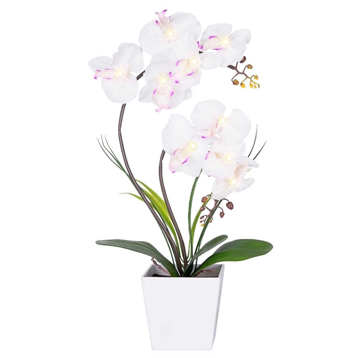 Orchid Lamp-Led Lighted Orchid Arrangements,Pre Lit Artificial Orchid,Light Up Flower Lights, Faux Orchid Phalaenopsis Arrangement (White)
