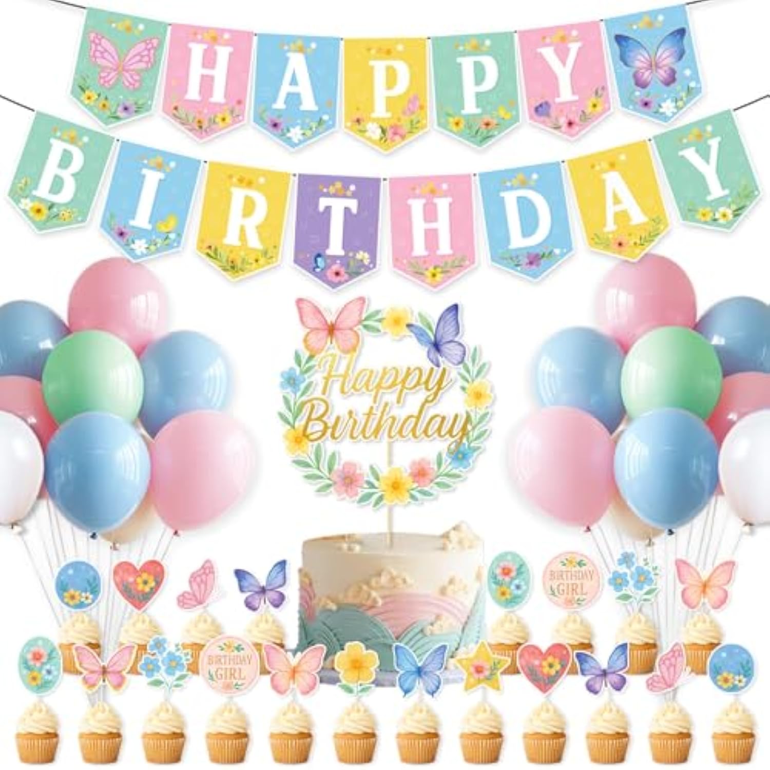 Butterfly Birthday Party Decorations For Girls, Pastel Happy Birthday Banner, 24 Balloons Pink Green Blue Ivory, Butterfly Cake Topper & 24 Cupcake Toppers, Spring Garden Birthday Party Supplies