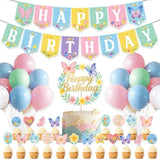 Butterfly Birthday Party Decorations For Girls, Pastel Happy Birthday Banner, 24 Balloons Pink Green Blue Ivory, Butterfly Cake Topper & 24 Cupcake Toppers, Spring Garden Birthday Party Supplies