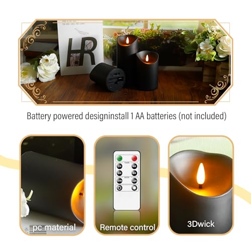 Flameless Candles with Remote Timer, Battery Operated Realistic Flickering LED Candles, 9 Packs Fake Candles for Home Decor (D3 x H 3" 4" 5" 6" 7") (Black)