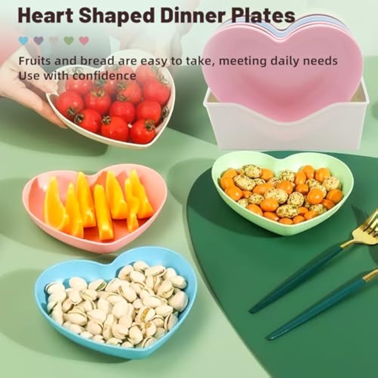 10Pcs Multi-Color Heart Shaped Plates With Tray, 5 X 5.5 Inch, Unbreakable Salad Dessert Snack Plates Appetizer Sauce Dish Dipping Snack Fruit Dessert Steak Serving For Dinner, Party, Valentine'S Day
