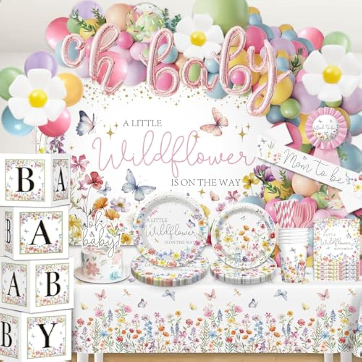 Wildflower Baby Shower Decorations For Girl, All-In-One Set A Wildflower Is On The Way Baby Shower Decor, Wildflower Balloon Arch Cake Topper Tableware Balloon Box Backdrop Sash Corsage, Etc