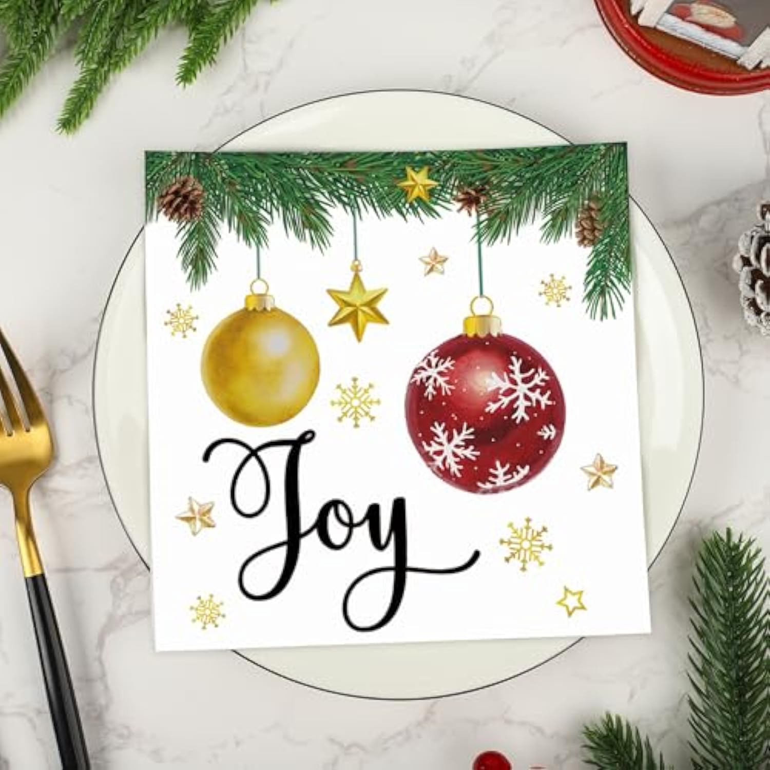 50 Pcs Christmas Paper Napkins 3-Ply Xmas Ball Disposable Luncheon Party Napkins 2-Sided Merry Christmas Joy Paper Napkin For Xmas Holiday Kitchen Party Supplies