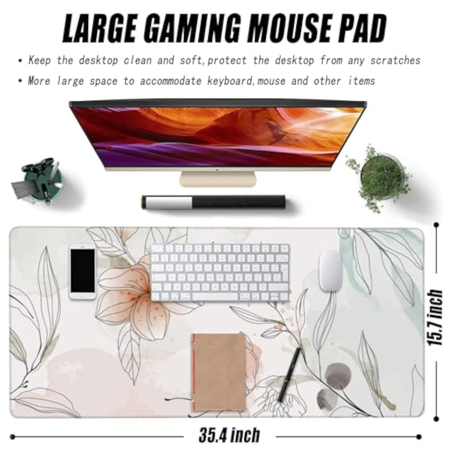 Desk Mat, Abstract Boho Flowers Extended Large Gaming Mouse Pad For Desk Xxl, Non-Slip Rubber Base Stitched Edges Long Computer Keyboard Desk Pad Mouse Mat For Home Office Gaming 35.4"X15.7"