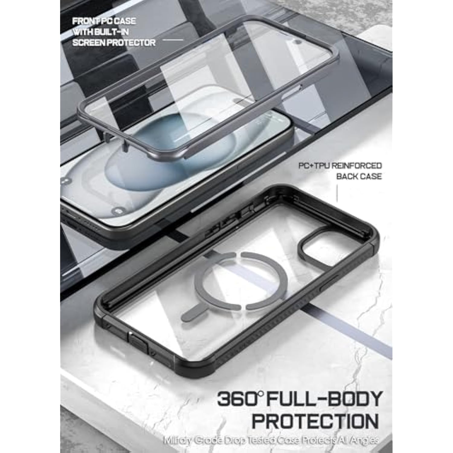 Guardian Magpro Case For Iphone 15 Plus 6.7 Inch,[Compatible With Magsafe][20 Ft Mil-Grade Drop Tested] Full-Body Shockproof Rugged Clear Cover With Built-In Screen Protector, Black/Clear