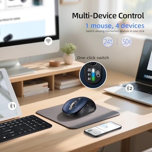 Bluetooth Wireless Mouse For Laptop,Usb+Bt×2,Usb-C Charging,Quiet Multi Device Mouse,Metal 4-Way Super Scrolling,± 3200 Dpi,10 Button,Plug&Play,Ergo Computer Cordless Mice,For Ipad/Tablet/Mac/Pc/Phone