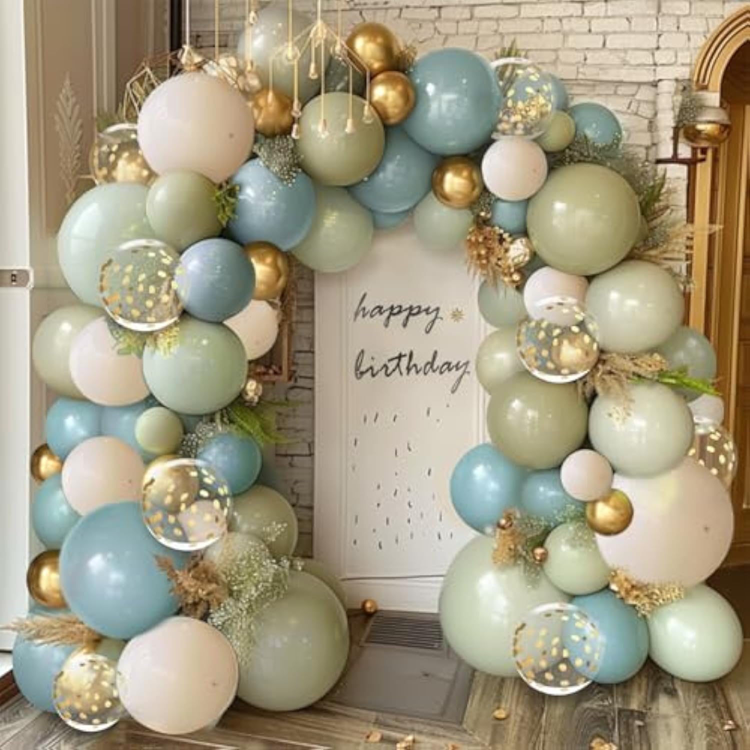 Dusty Green Blue Balloon Garland Arch Kit, Sage Green And Blue Balloon Arch Kit With Sand White Green Gold Balloons For Baby Shower Neutral Birthday Jungle Safari Wedding Birthday Party Decorations