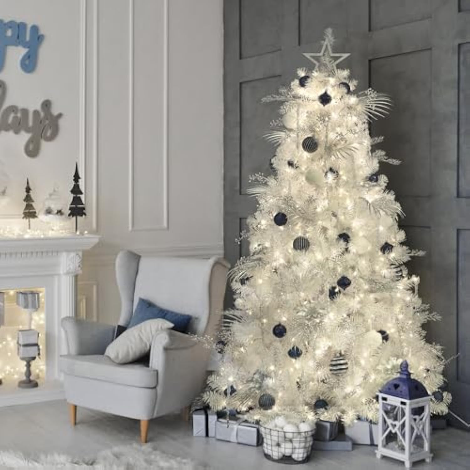 Store 6Ft White Christmas Tree With Ornaments And Lights All-In-One Completed Christmas Tree Set Including 6 Feet Full Tree, Ornaments, Led String Lights With Remote And Timer